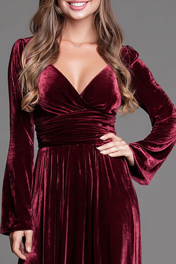 Burgundy A-Line Velvet Holiday Party Dress With Long Sleeves